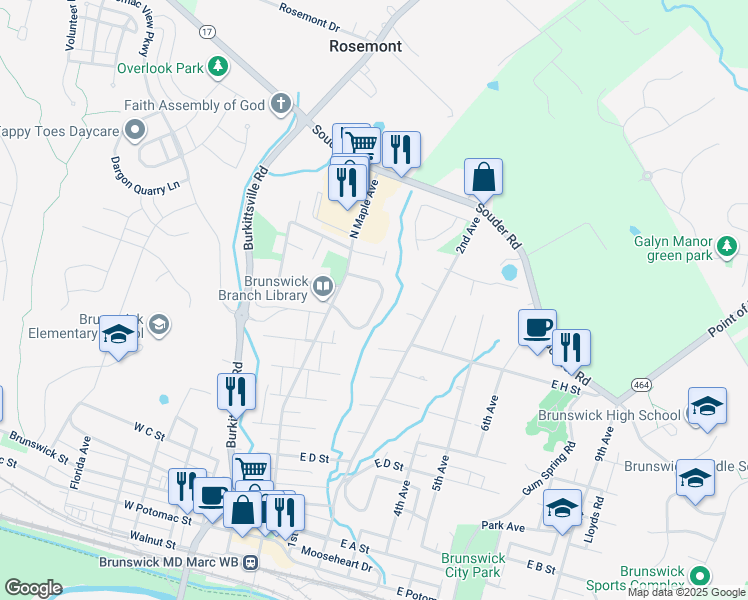 map of restaurants, bars, coffee shops, grocery stores, and more near 49 Wenner Drive in Brunswick