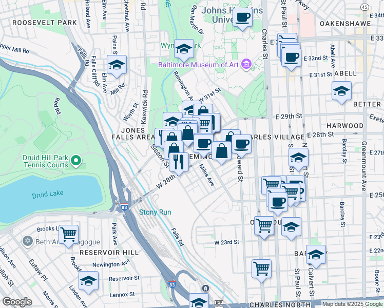 map of restaurants, bars, coffee shops, grocery stores, and more near 2814 Miles Avenue in Baltimore