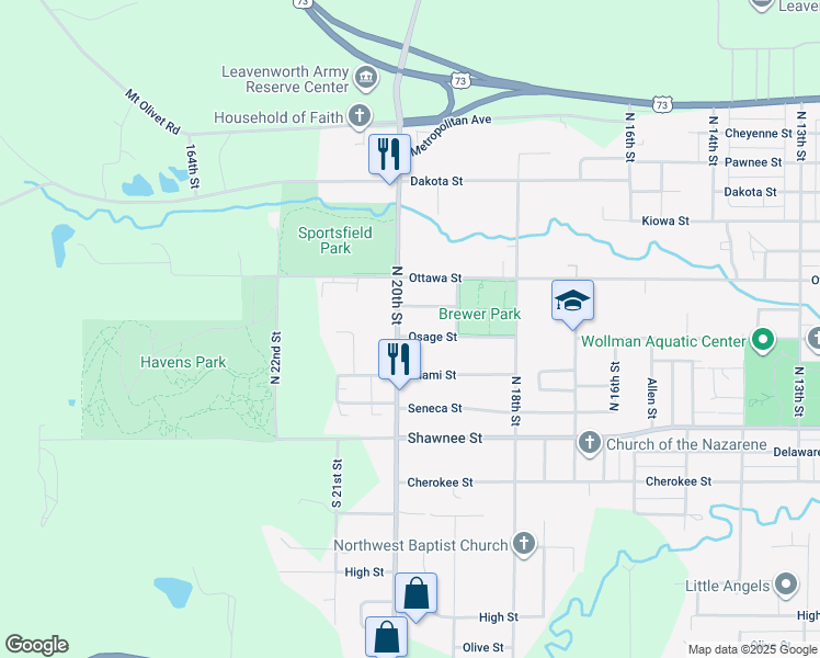 map of restaurants, bars, coffee shops, grocery stores, and more near 1940 Osage Street in Leavenworth