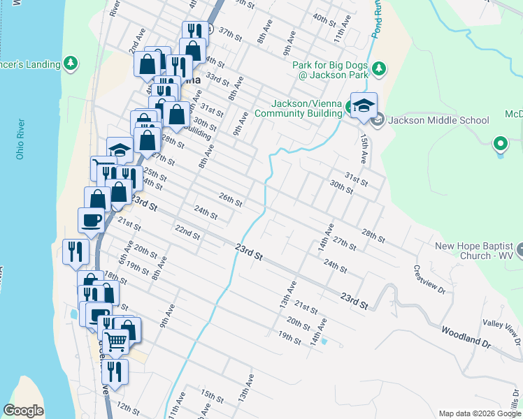 map of restaurants, bars, coffee shops, grocery stores, and more near 1101 27th Street in Vienna