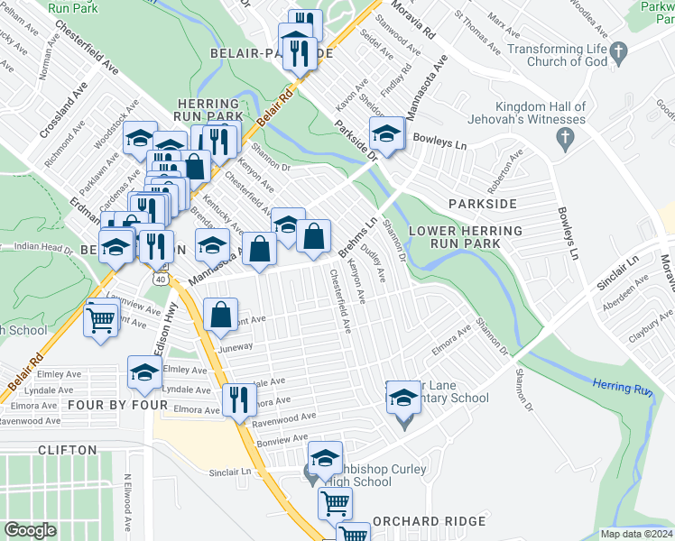map of restaurants, bars, coffee shops, grocery stores, and more near 3510 Chesterfield Avenue in Baltimore