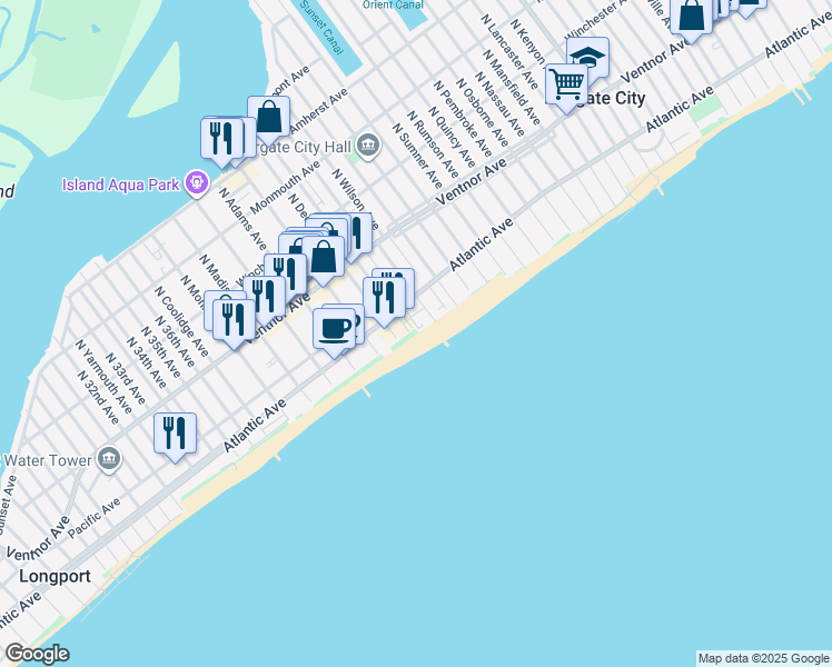 map of restaurants, bars, coffee shops, grocery stores, and more near 106 South Benson Avenue in Margate City