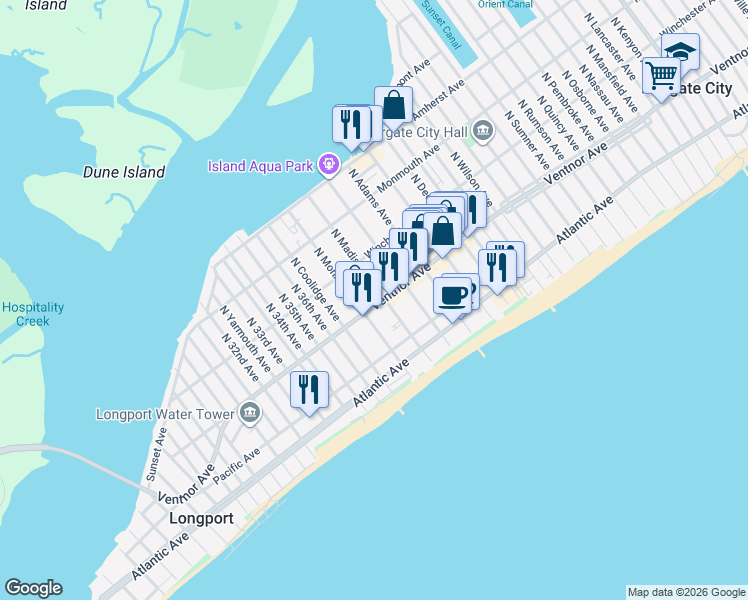 map of restaurants, bars, coffee shops, grocery stores, and more near 9605 Ventnor Avenue in Margate City