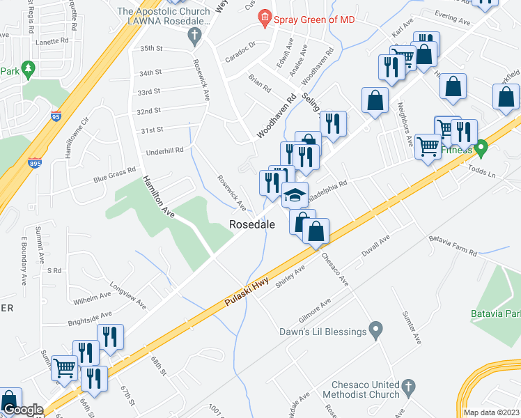 map of restaurants, bars, coffee shops, grocery stores, and more near 8006 Philadelphia Road in Rosedale