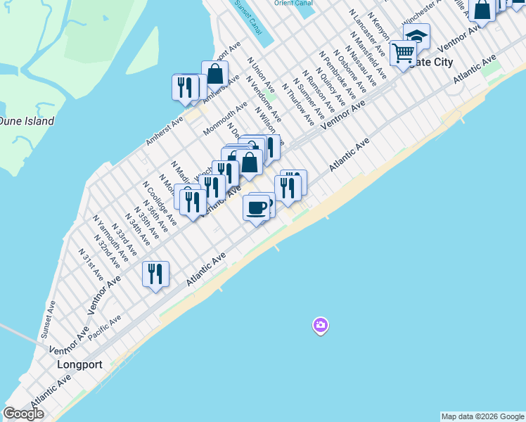 map of restaurants, bars, coffee shops, grocery stores, and more near 9219 South Washington Avenue in Margate City