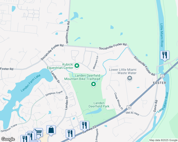 map of restaurants, bars, coffee shops, grocery stores, and more near 2483 Carriagegate Lane in Maineville