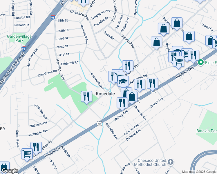 map of restaurants, bars, coffee shops, grocery stores, and more near 8006 Philadelphia Road in Rosedale