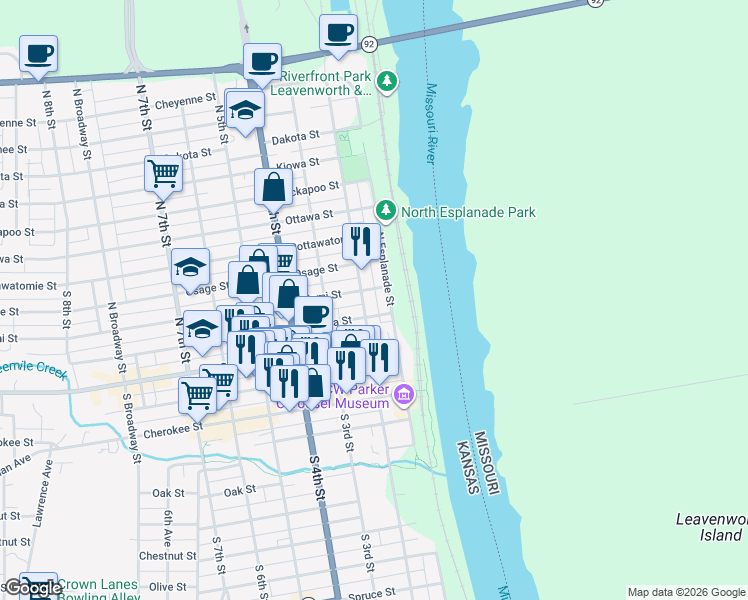 map of restaurants, bars, coffee shops, grocery stores, and more near 113 Miami Street in Leavenworth
