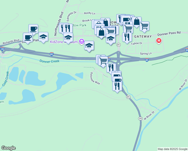 map of restaurants, bars, coffee shops, grocery stores, and more near 10868 Cinnabar Way in Truckee