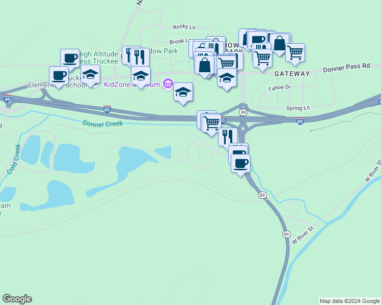 map of restaurants, bars, coffee shops, grocery stores, and more near 10868 Cinnabar Way in Truckee
