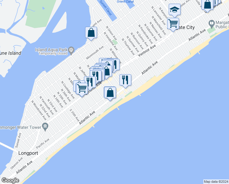 map of restaurants, bars, coffee shops, grocery stores, and more near 9219 South Washington Avenue in Margate City