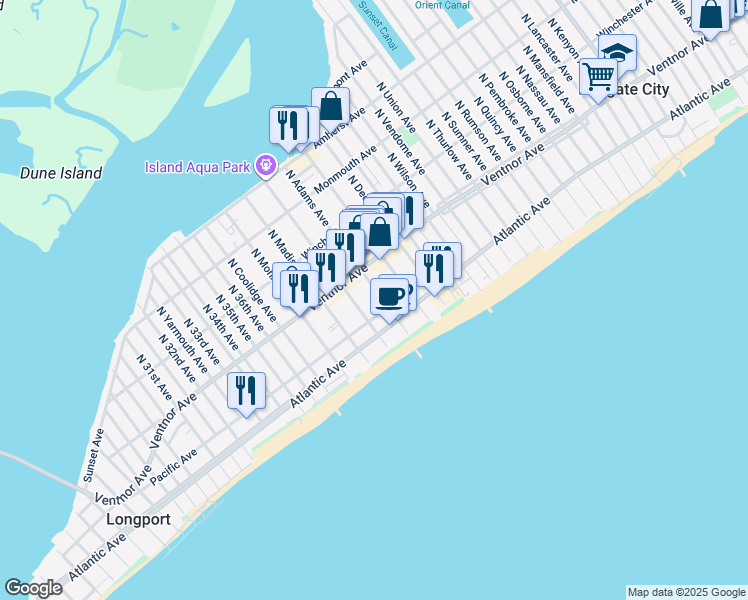 map of restaurants, bars, coffee shops, grocery stores, and more near 22 South Adams Avenue in Margate City