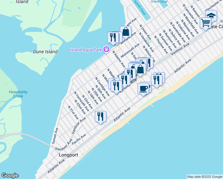 map of restaurants, bars, coffee shops, grocery stores, and more near 16 North Monroe Avenue in Margate City