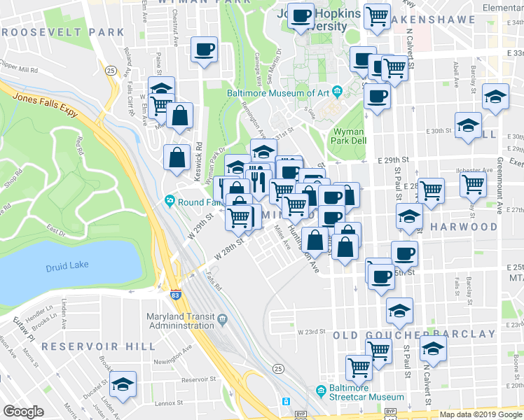 map of restaurants, bars, coffee shops, grocery stores, and more near 2833 Hampden Avenue in Baltimore