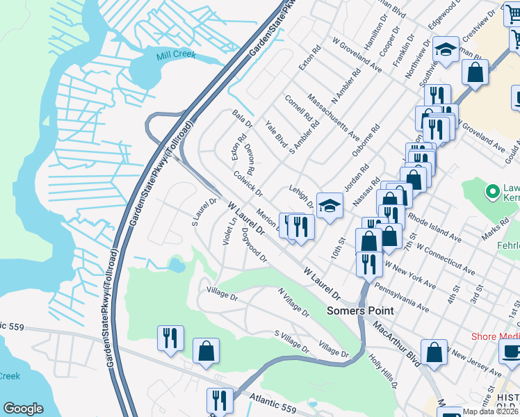 map of restaurants, bars, coffee shops, grocery stores, and more near 19 Merion Drive in Somers Point