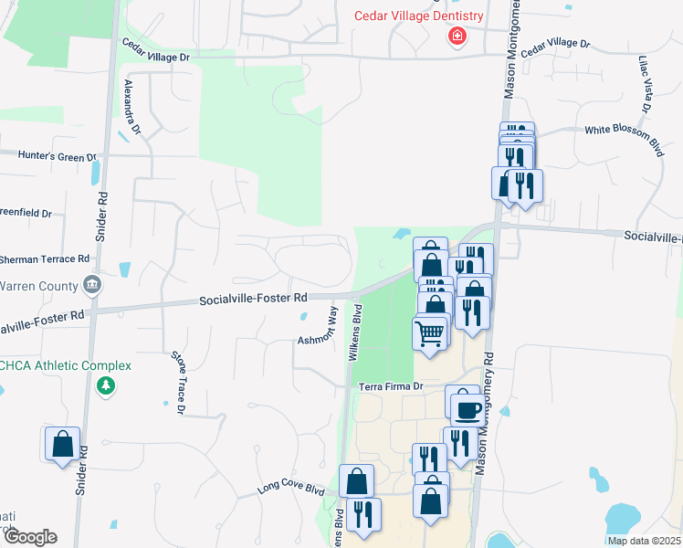 map of restaurants, bars, coffee shops, grocery stores, and more near 5444 Harbourwatch Way in Mason