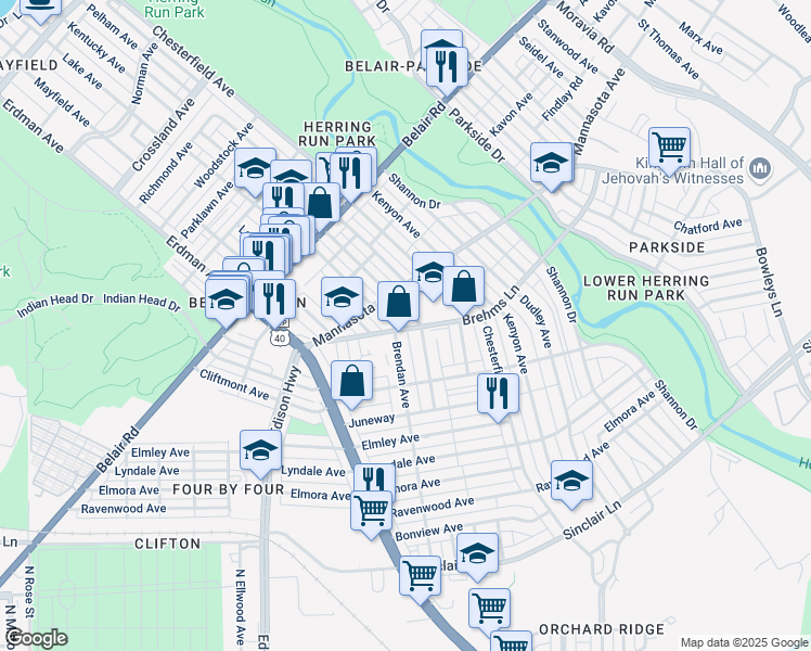 map of restaurants, bars, coffee shops, grocery stores, and more near 3338 Brehms Lane in Baltimore