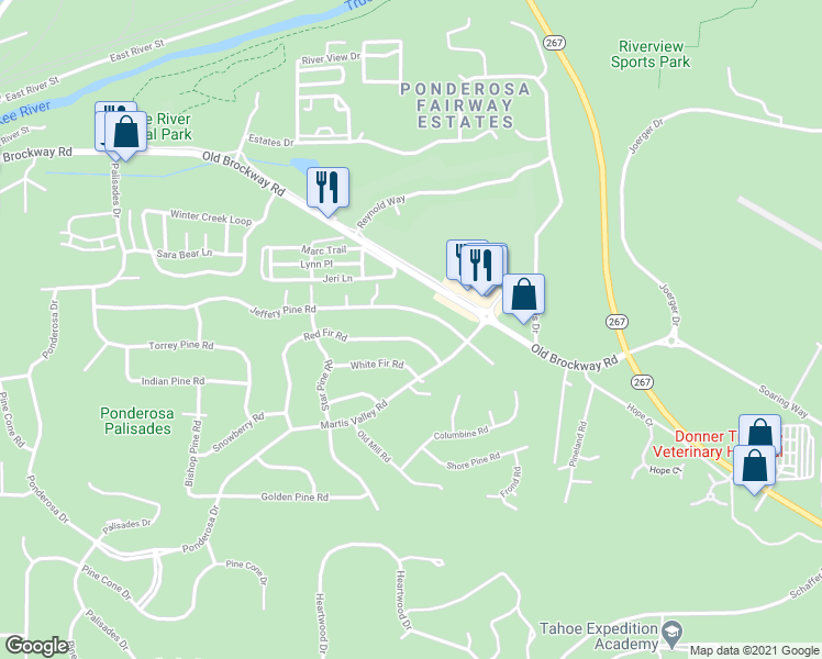map of restaurants, bars, coffee shops, grocery stores, and more near 10208 Red Fir Road in Truckee