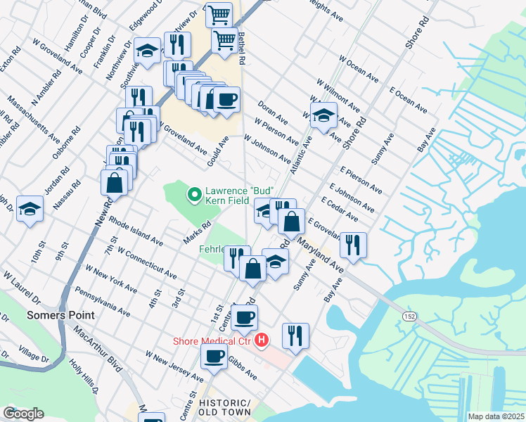 map of restaurants, bars, coffee shops, grocery stores, and more near 459 1st Street in Somers Point
