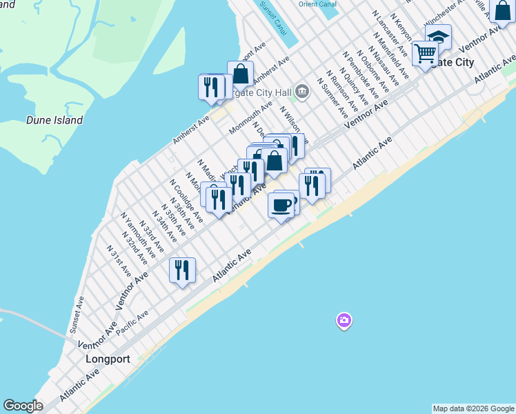 map of restaurants, bars, coffee shops, grocery stores, and more near 9504 Ventnor Avenue in Margate City