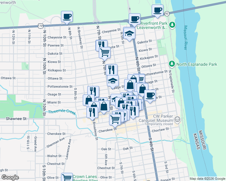 map of restaurants, bars, coffee shops, grocery stores, and more near 320 N 7th St in Leavenworth