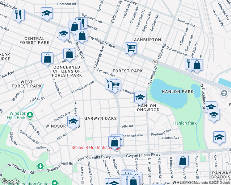 map of restaurants, bars, coffee shops, grocery stores, and more near 2905 Garrison Boulevard in Baltimore