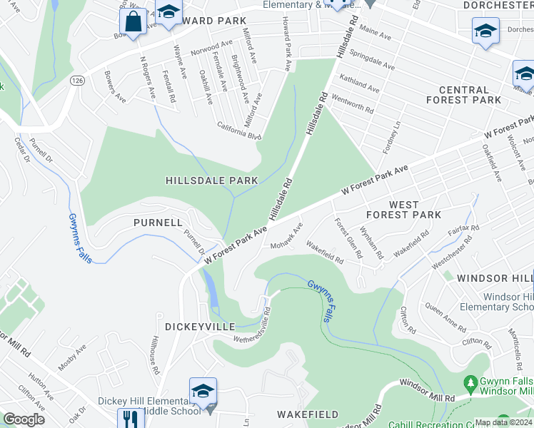 map of restaurants, bars, coffee shops, grocery stores, and more near 2900 Hillsdale Road in Baltimore