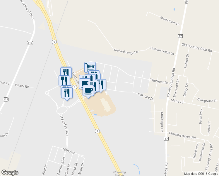 map of restaurants, bars, coffee shops, grocery stores, and more near 341 Oak Lee Drive in Ranson