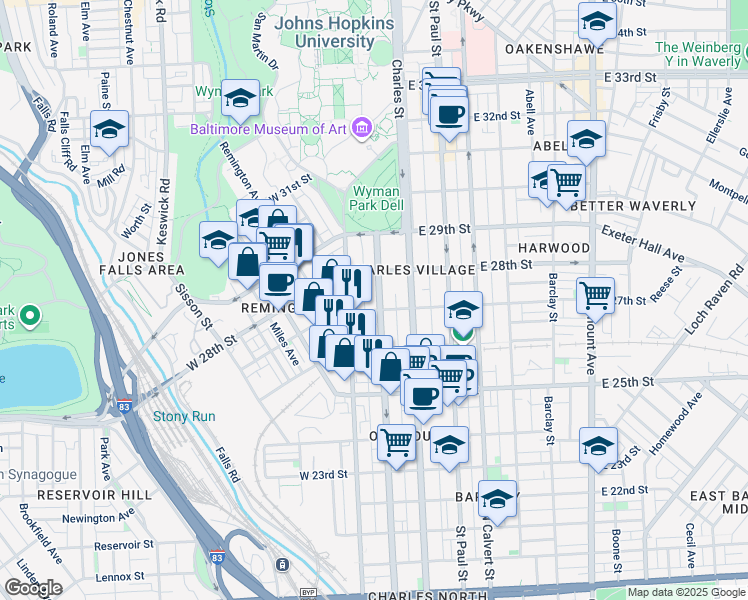 map of restaurants, bars, coffee shops, grocery stores, and more near 2712 Maryland Avenue in Baltimore