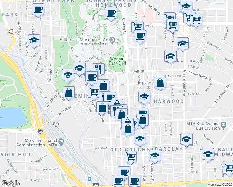 map of restaurants, bars, coffee shops, grocery stores, and more near 2712 Maryland Avenue in Baltimore