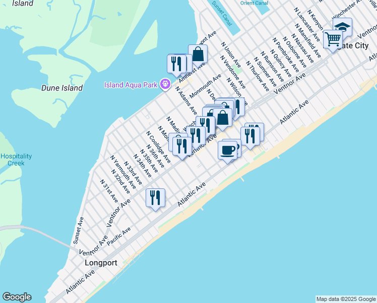map of restaurants, bars, coffee shops, grocery stores, and more near 9605 Ventnor Avenue in Margate City