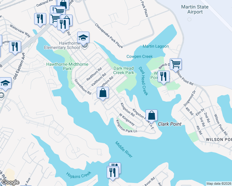 map of restaurants, bars, coffee shops, grocery stores, and more near 551 Kingston Road in Middle River