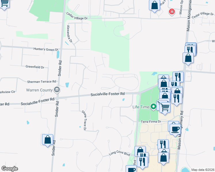 map of restaurants, bars, coffee shops, grocery stores, and more near 5612 Baywatch Way in Mason