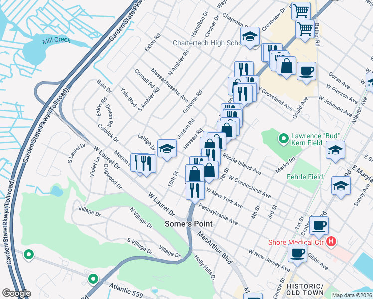 map of restaurants, bars, coffee shops, grocery stores, and more near 3 Nassau Road in Somers Point
