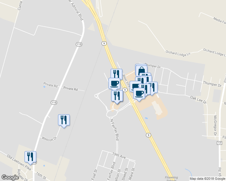 map of restaurants, bars, coffee shops, grocery stores, and more near Joshua M. Freeman Boulevard in Ranson