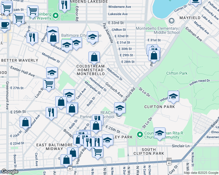 map of restaurants, bars, coffee shops, grocery stores, and more near 1645 Gorsuch Avenue in Baltimore