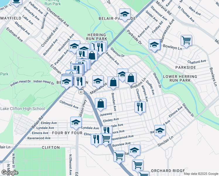 map of restaurants, bars, coffee shops, grocery stores, and more near 3325 Brendan Avenue in Baltimore