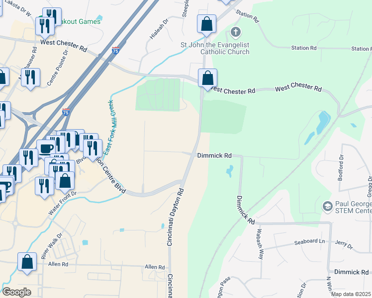 map of restaurants, bars, coffee shops, grocery stores, and more near 6440 Aviation Way in Butler County
