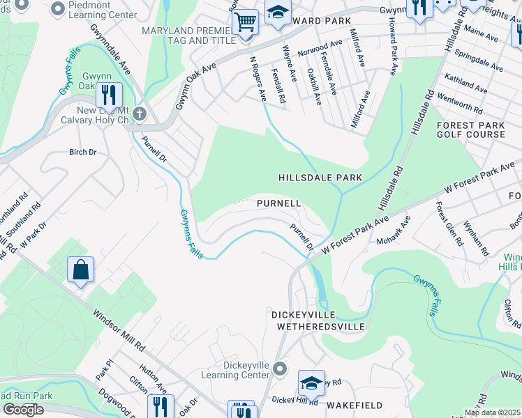 map of restaurants, bars, coffee shops, grocery stores, and more near 2713 Gatehouse Drive in Baltimore