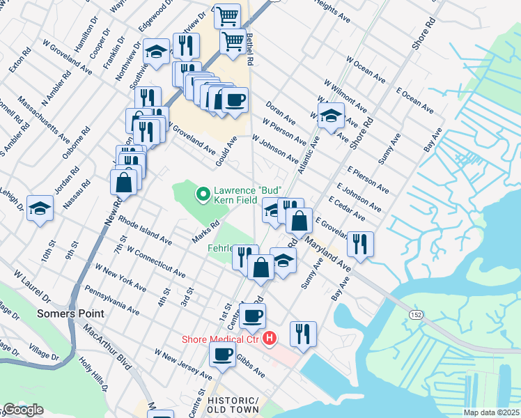 map of restaurants, bars, coffee shops, grocery stores, and more near 116 West Maryland Avenue in Somers Point
