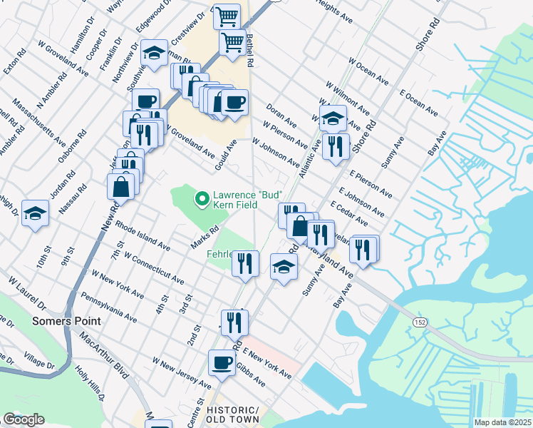 map of restaurants, bars, coffee shops, grocery stores, and more near 116 West Maryland Avenue in Somers Point