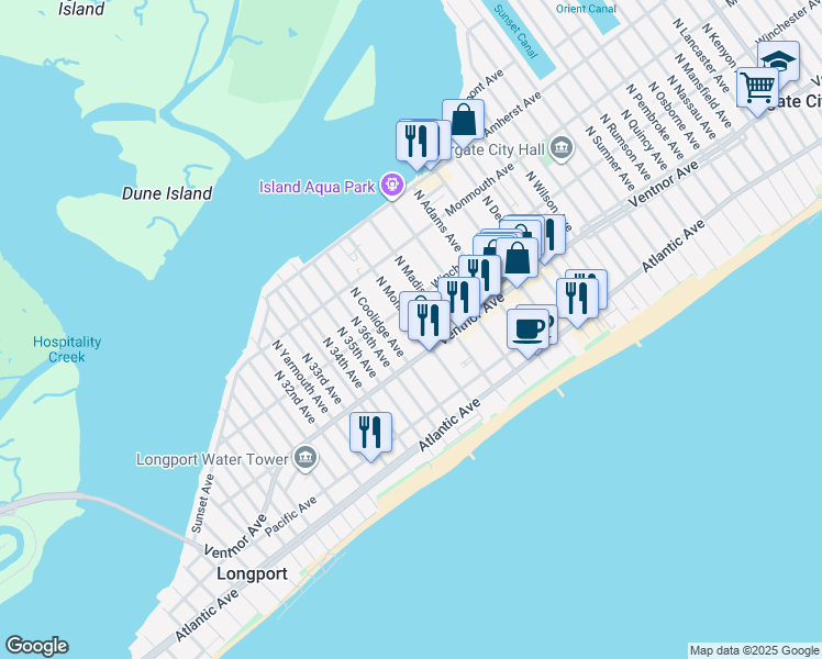 map of restaurants, bars, coffee shops, grocery stores, and more near 16 North Monroe Avenue in Margate City