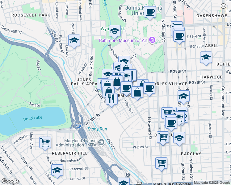map of restaurants, bars, coffee shops, grocery stores, and more near 2835 Hampden Avenue in Baltimore