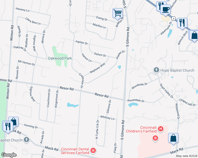 map of restaurants, bars, coffee shops, grocery stores, and more near 5702 Planet Drive in Fairfield