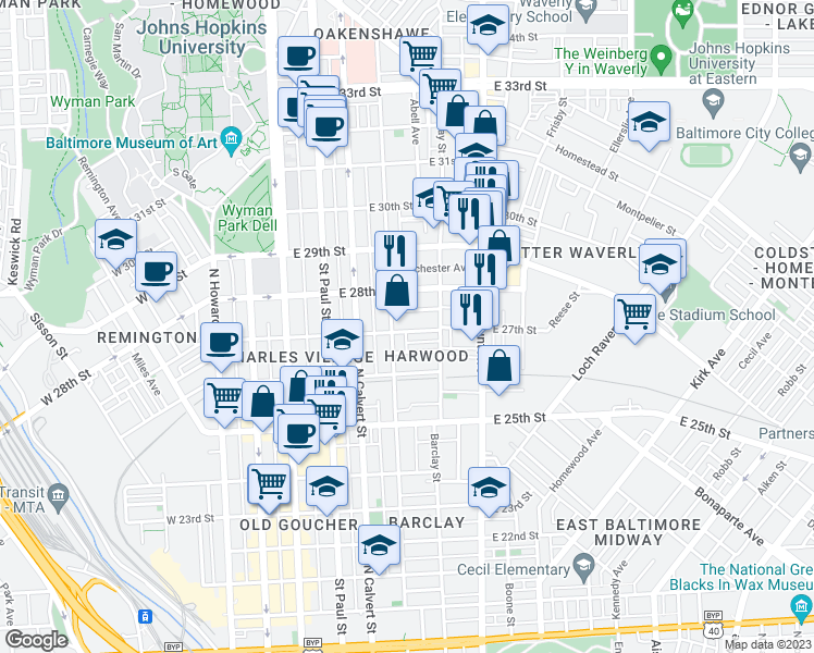 map of restaurants, bars, coffee shops, grocery stores, and more near 300 East 27th Street in Baltimore