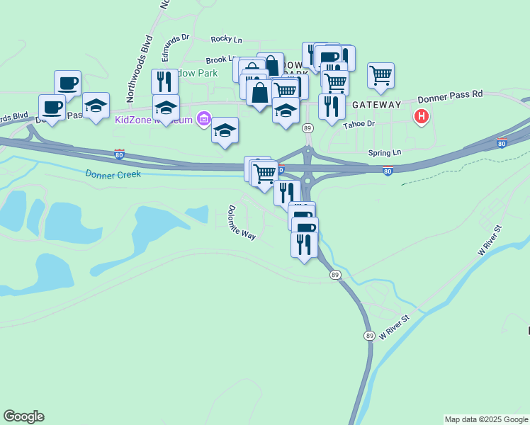 map of restaurants, bars, coffee shops, grocery stores, and more near 11448 Deerfield Drive in Truckee