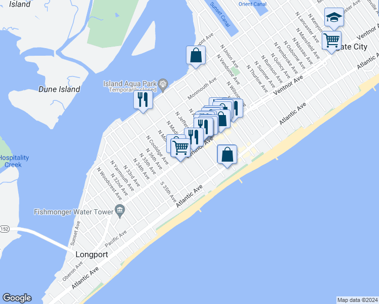 map of restaurants, bars, coffee shops, grocery stores, and more near 9605 Ventnor Avenue in Margate City