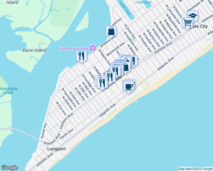 map of restaurants, bars, coffee shops, grocery stores, and more near 9605 Ventnor Avenue in Margate City