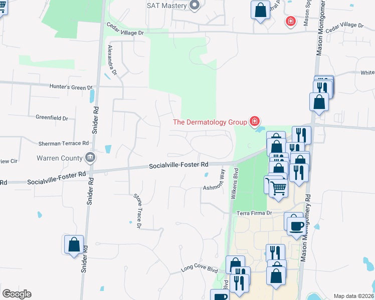 map of restaurants, bars, coffee shops, grocery stores, and more near 5612 Baywatch Way in Mason