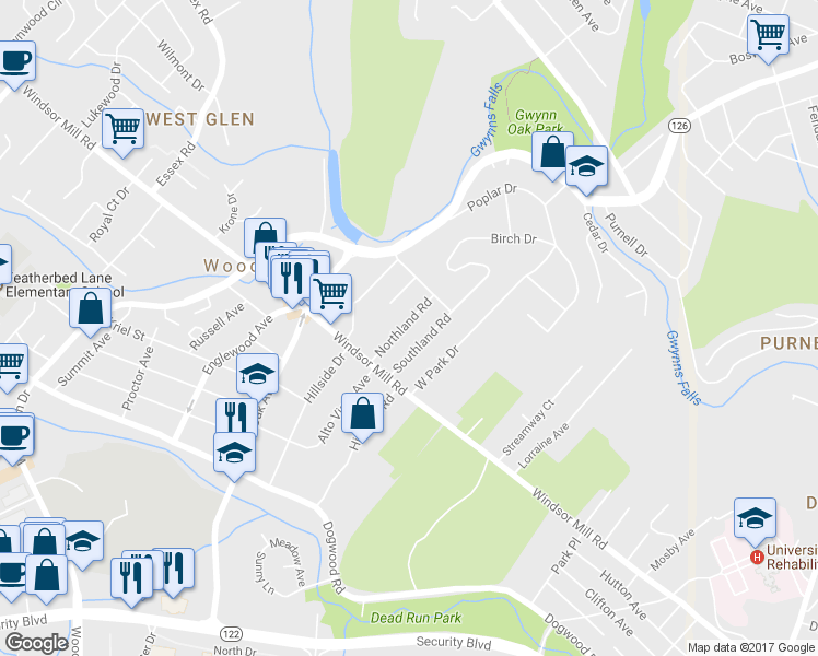 map of restaurants, bars, coffee shops, grocery stores, and more near 2121 Northland Road in Woodlawn